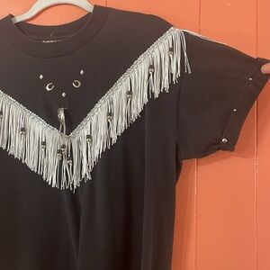 Western American Vintage T-shirt w/fringe, beads, jewels & other details.